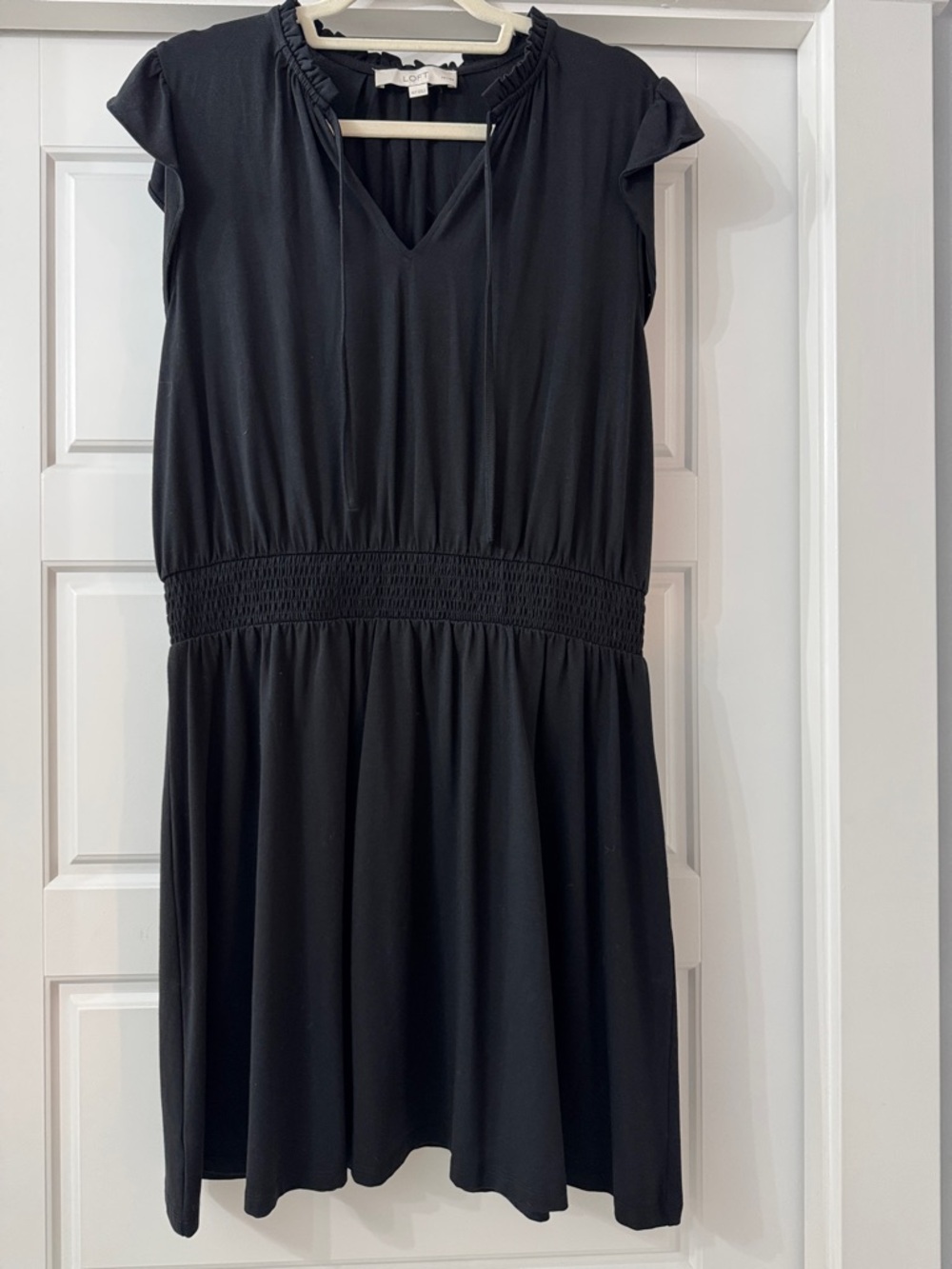 LOFT Black Smocked-Waist V-Neck Mini Dress
